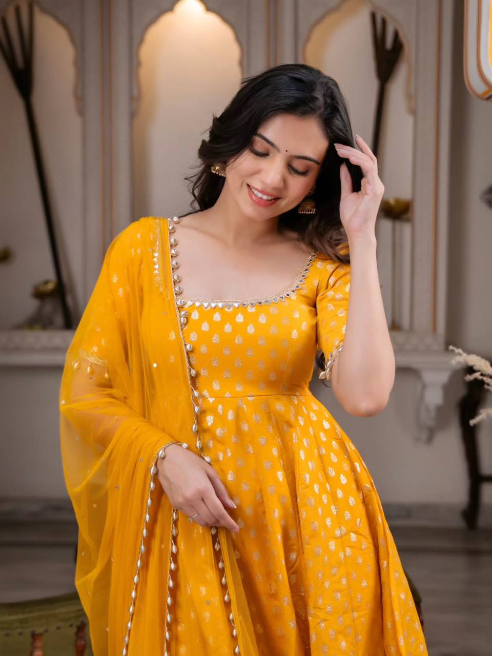 Mustard Yellow Chanderi Jacquard Butti Mirror Work Anarkali Gown Set