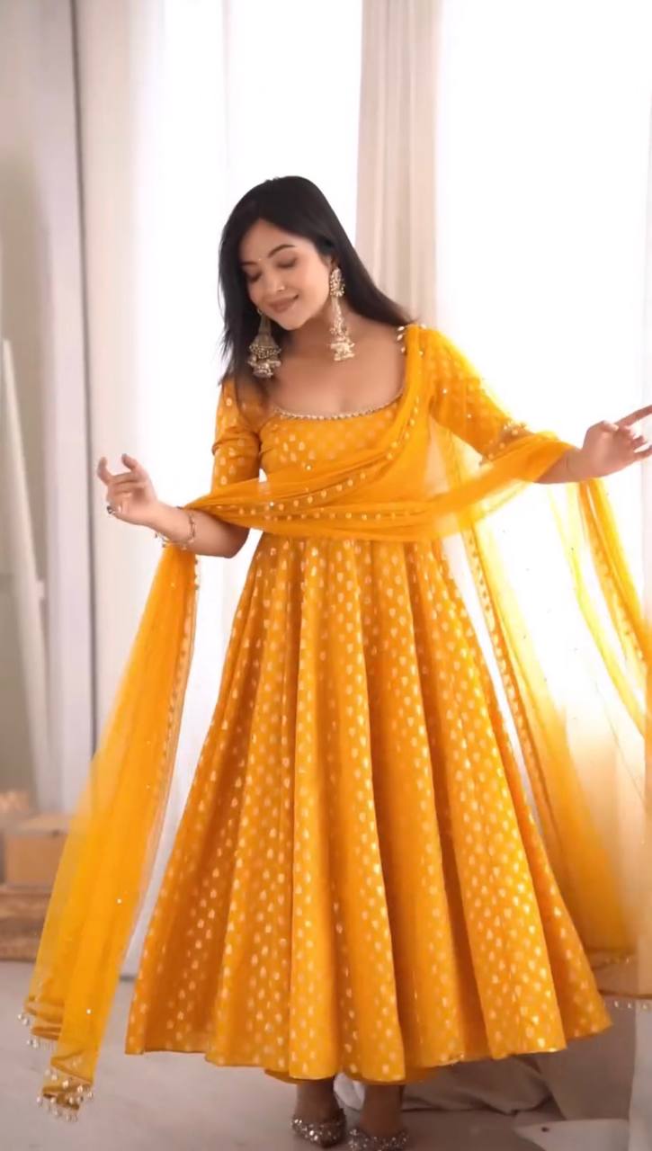 Mustard Yellow Chanderi Jacquard Butti Mirror Work Anarkali Gown Set