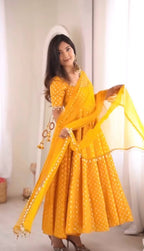 Mustard Yellow Chanderi Jacquard Butti Mirror Work Anarkali Gown Set