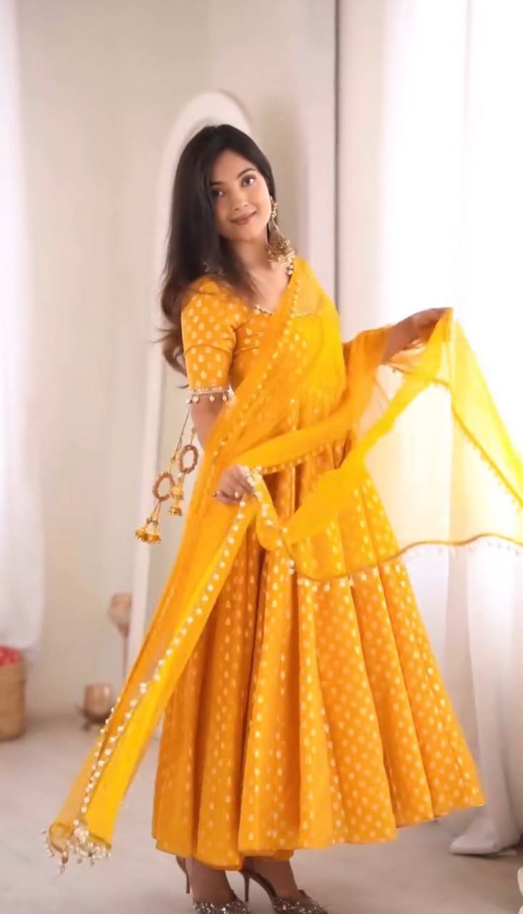 Mustard Yellow Chanderi Jacquard Butti Mirror Work Anarkali Gown Set