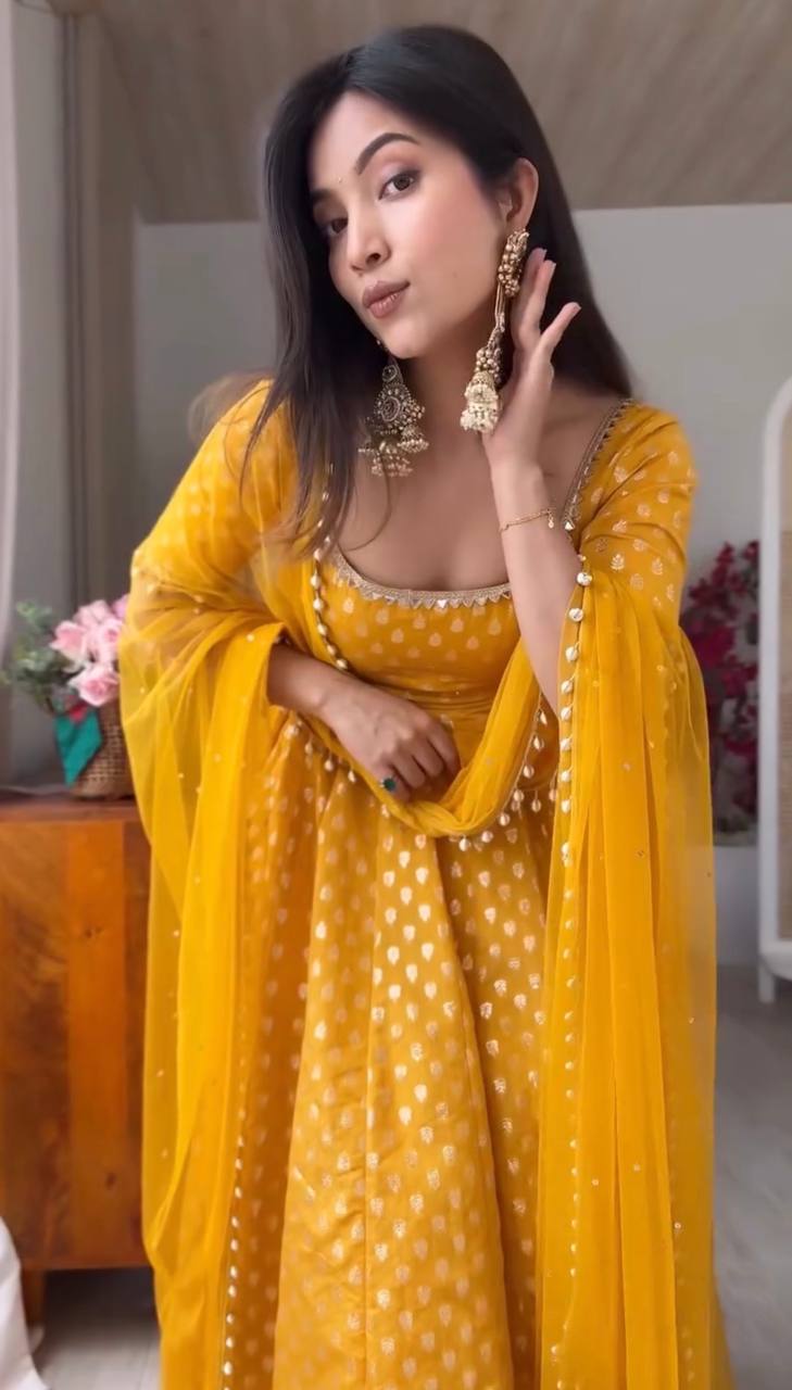 Mustard Yellow Chanderi Jacquard Butti Mirror Work Anarkali Gown Set