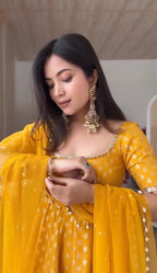Mustard Yellow Chanderi Jacquard Butti Mirror Work Anarkali Gown Set