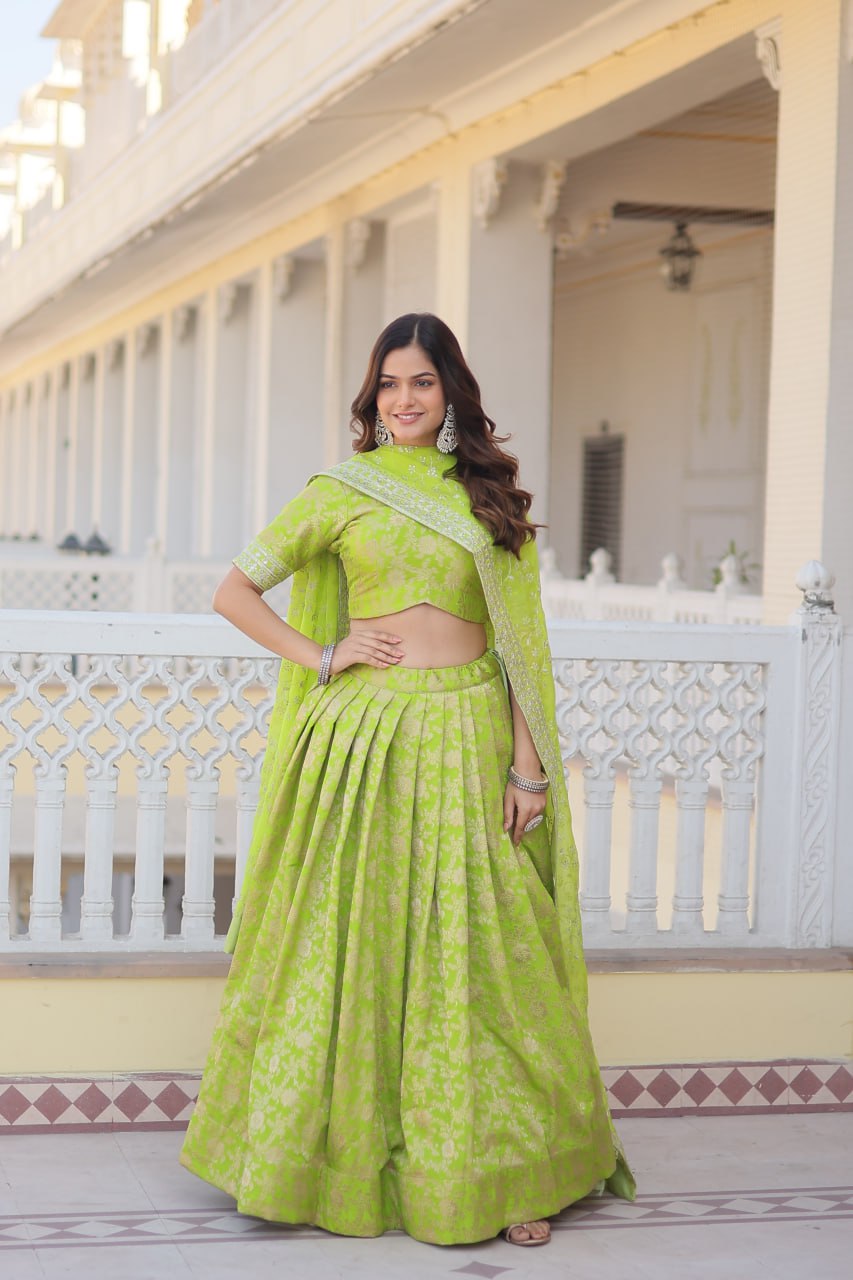 Premium Green Viscose Jacquard Lehenga Choli with Embroidered Dupatta