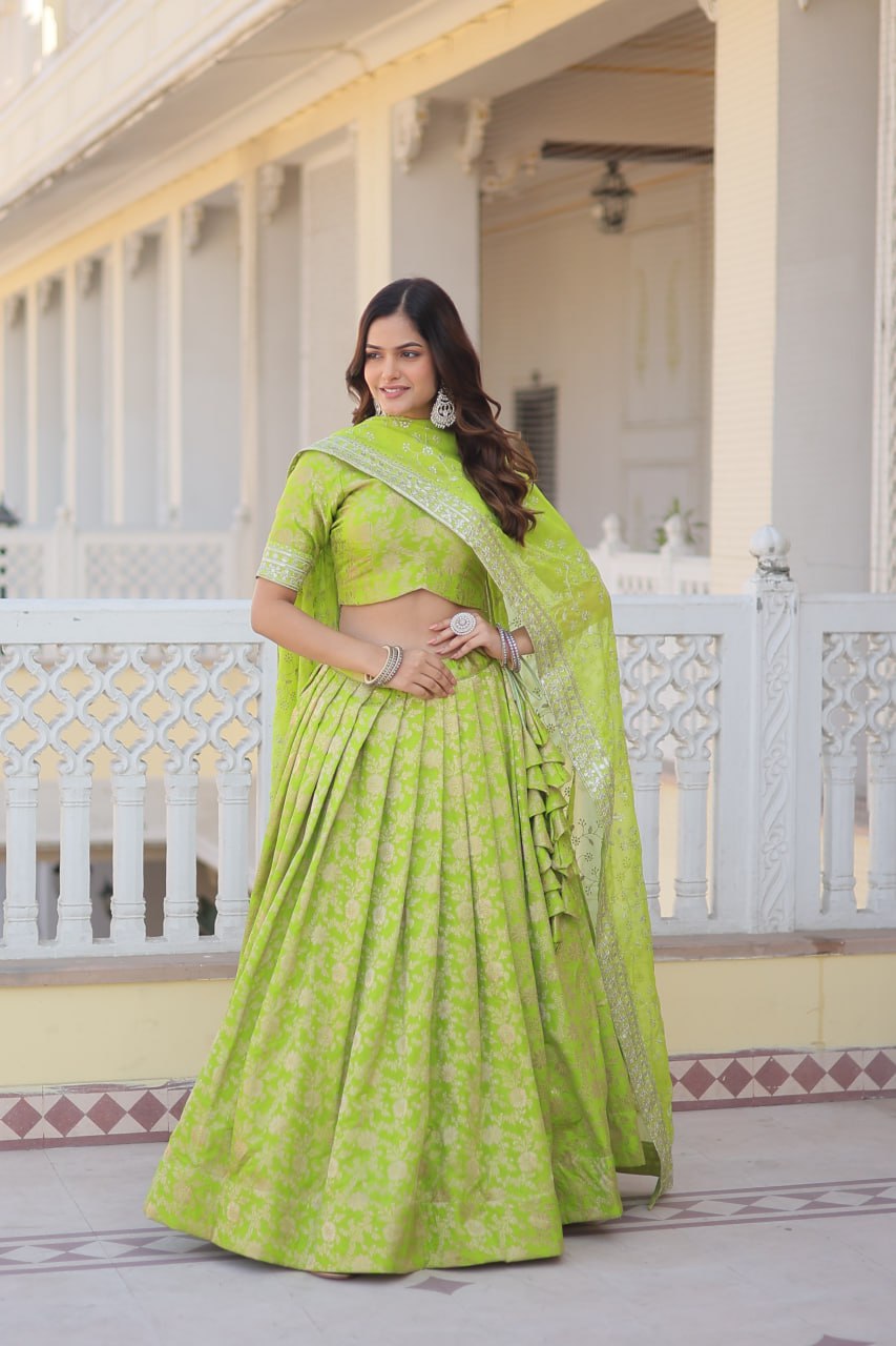 Premium Green Viscose Jacquard Lehenga Choli with Embroidered Dupatta