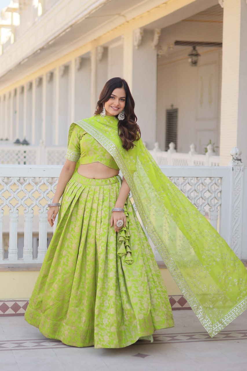 Premium Green Viscose Jacquard Lehenga Choli with Embroidered Dupatta