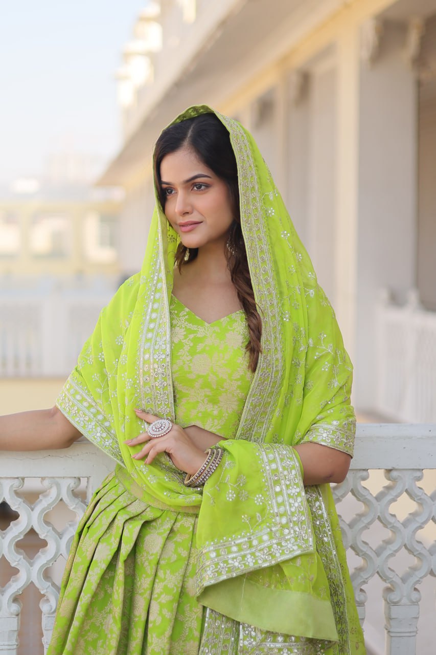 Premium Green Viscose Jacquard Lehenga Choli with Embroidered Dupatta
