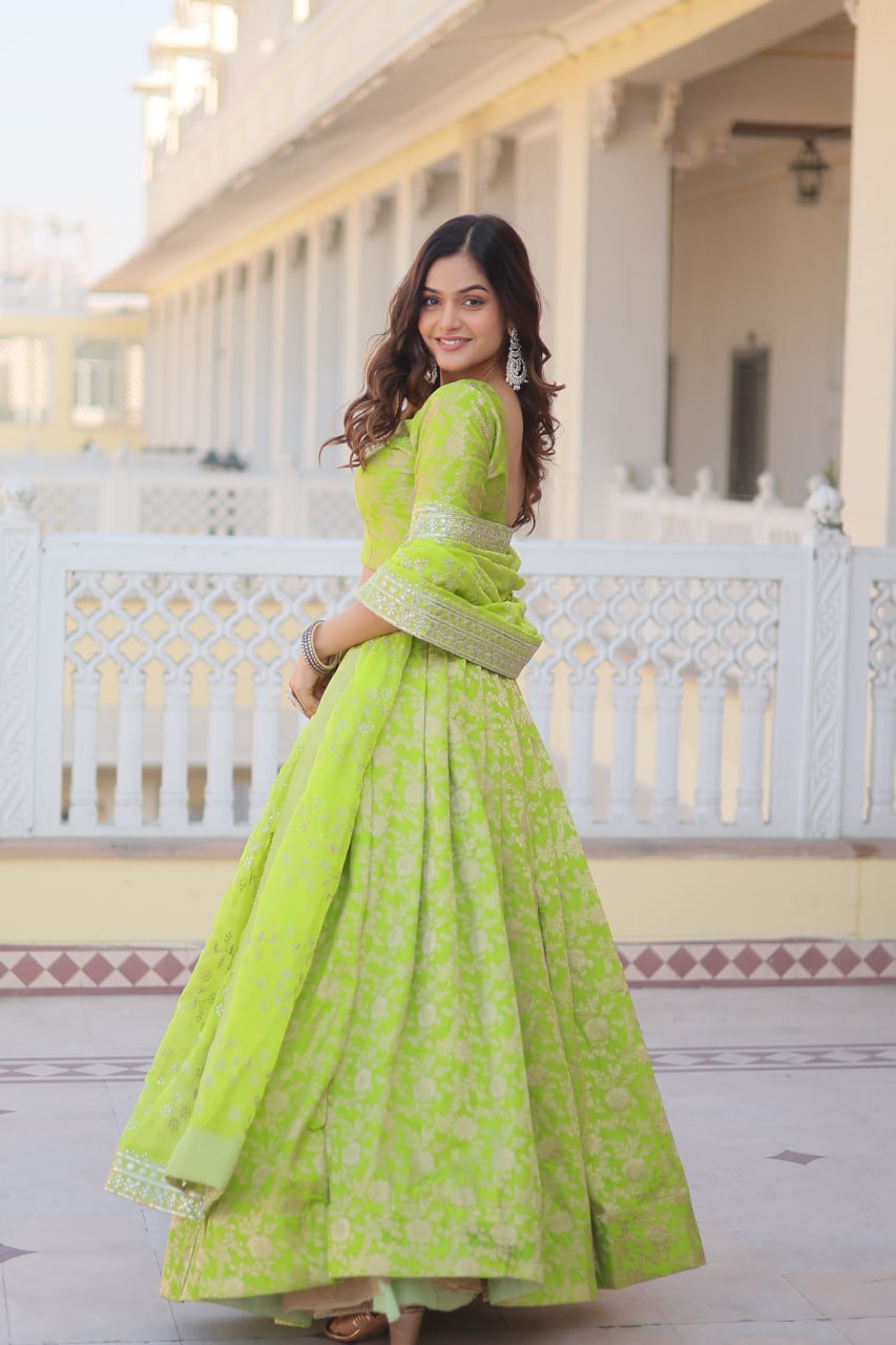 Premium Green Viscose Jacquard Lehenga Choli with Embroidered Dupatta