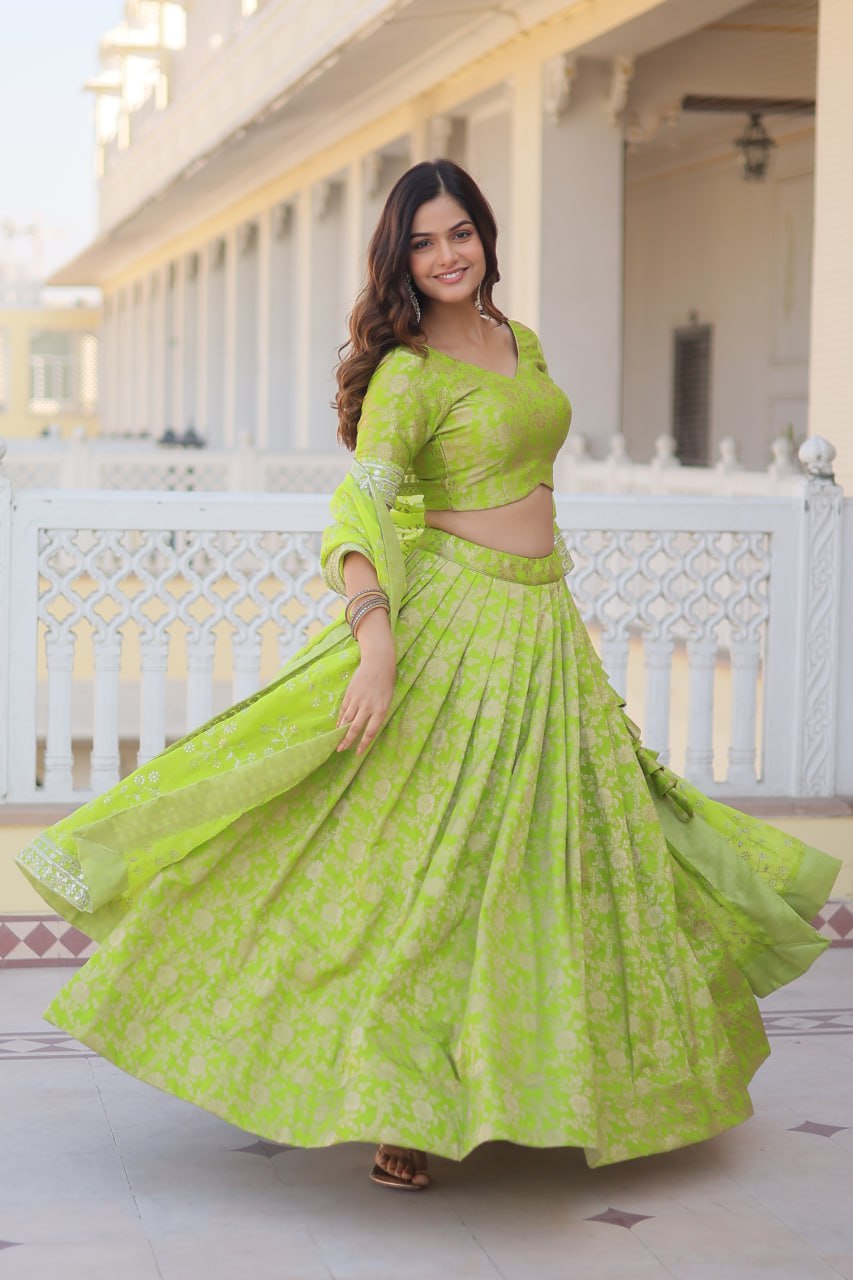 Premium Green Viscose Jacquard Lehenga Choli with Embroidered Dupatta