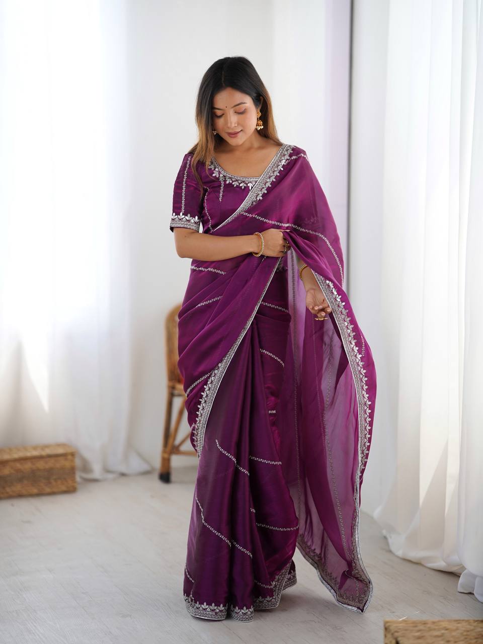 Premium Thread & Sequins Embroidered JMC Silk Saree