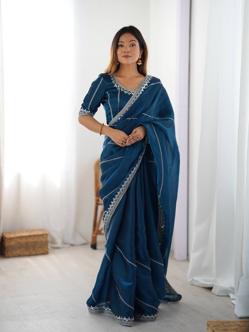 Premium Thread & Sequins Embroidered JMC Silk Saree