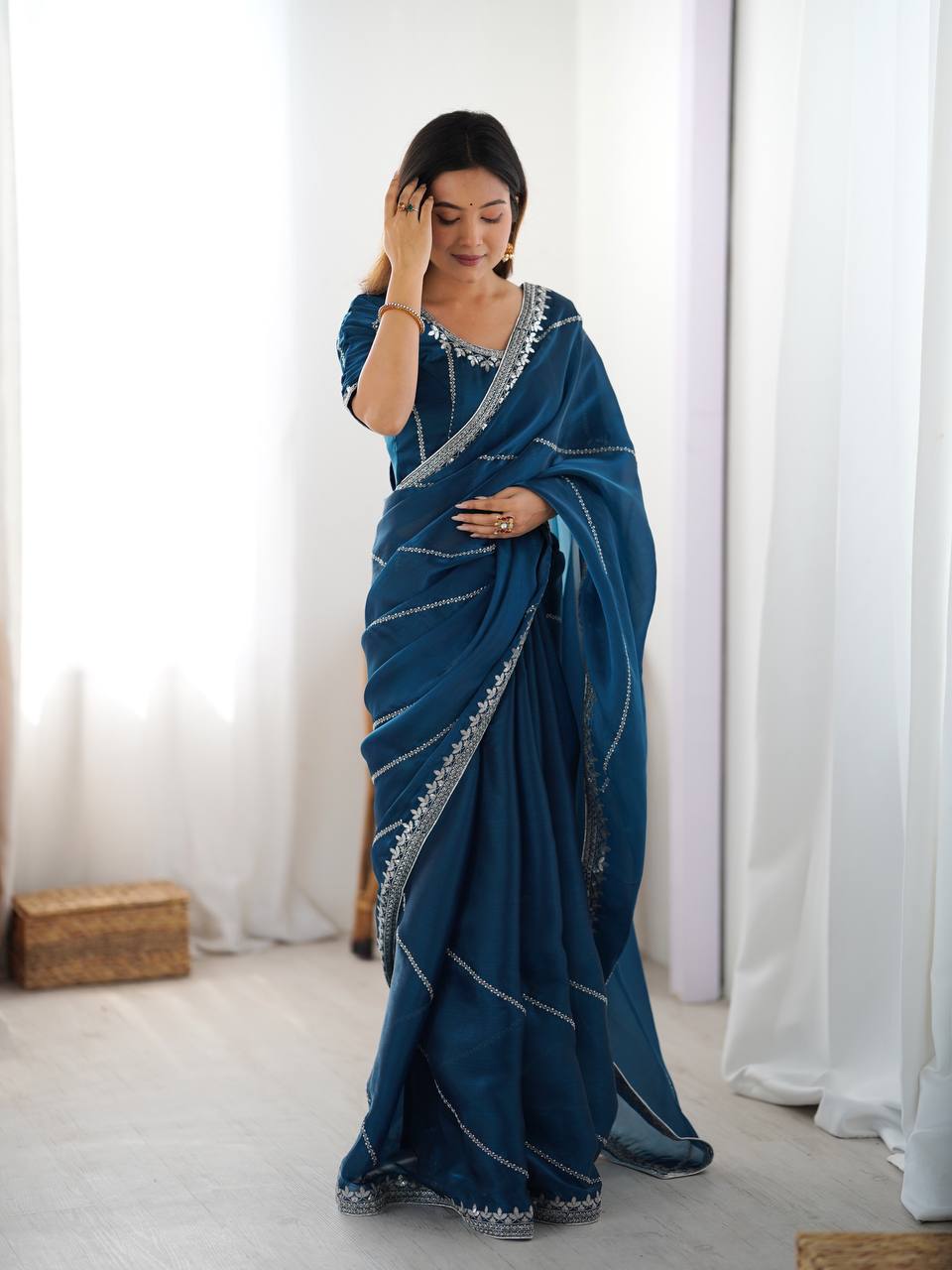 Premium Thread & Sequins Embroidered JMC Silk Saree