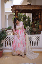Pink Floral Digital Print Russian Silk Anarkali Gown with Embroidered Dupatta Set