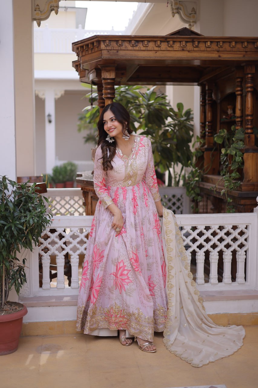 Pink Floral Digital Print Russian Silk Anarkali Gown with Embroidered Dupatta Set