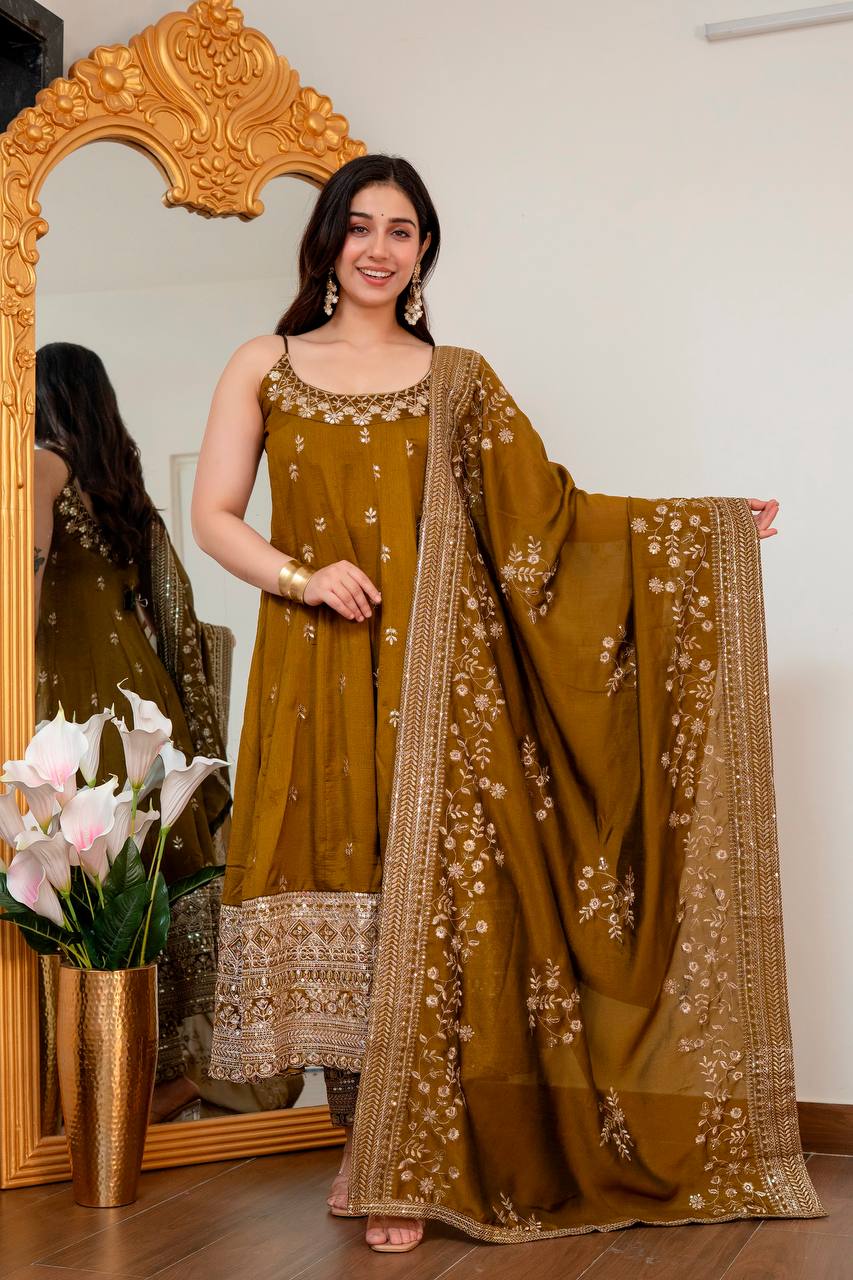 Designer Vichitra Silk Embroidered Anarkali Suit Set with Dupatta