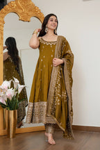 Designer Vichitra Silk Embroidered Anarkali Suit Set with Dupatta