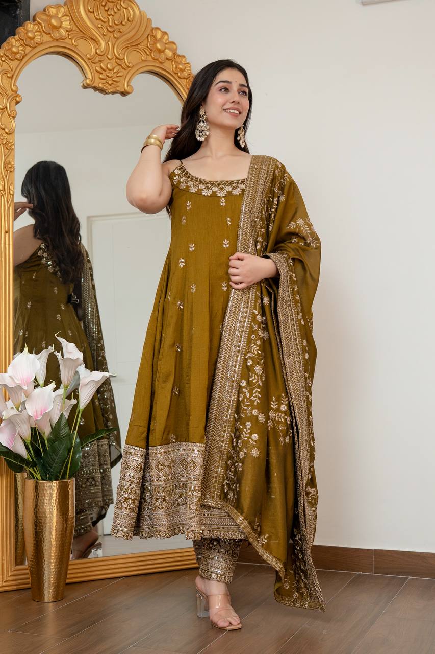 Designer Vichitra Silk Embroidered Anarkali Suit Set with Dupatta