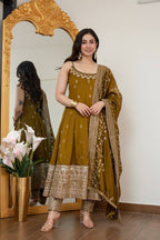 Designer Vichitra Silk Embroidered Anarkali Suit Set with Dupatta