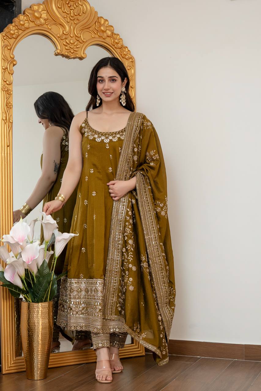 Designer Vichitra Silk Embroidered Anarkali Suit Set with Dupatta