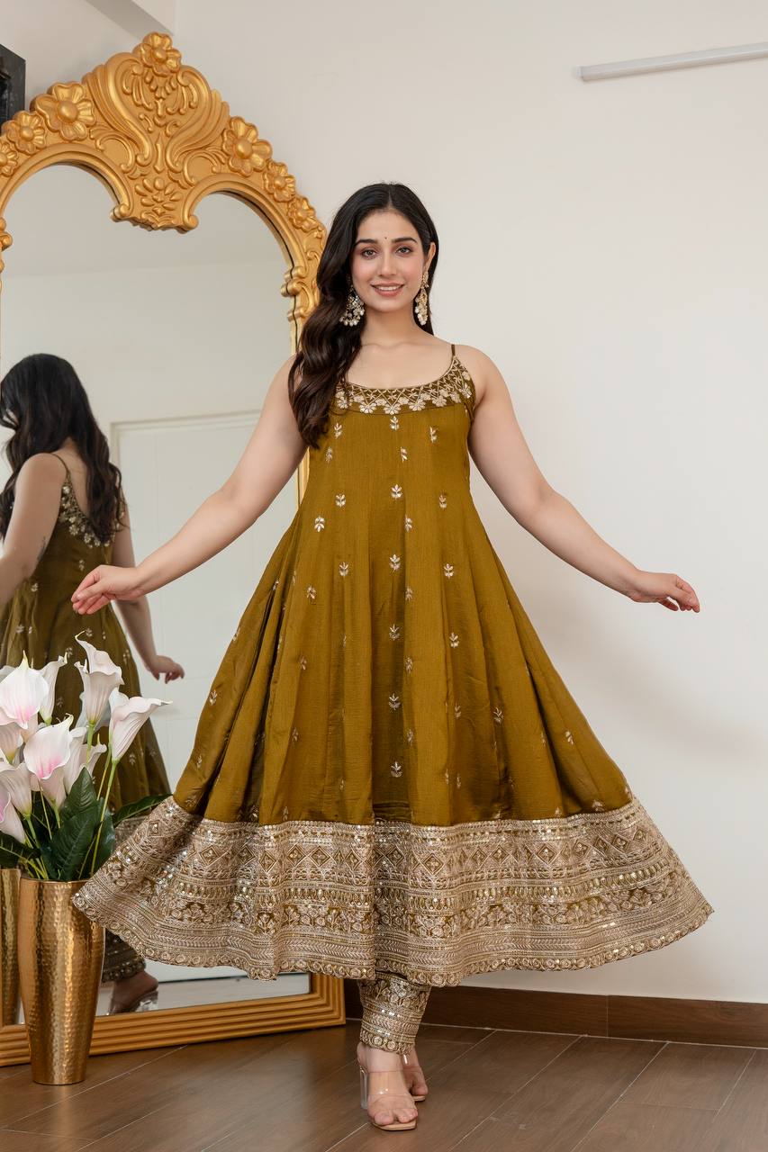 Designer Vichitra Silk Embroidered Anarkali Suit Set with Dupatta