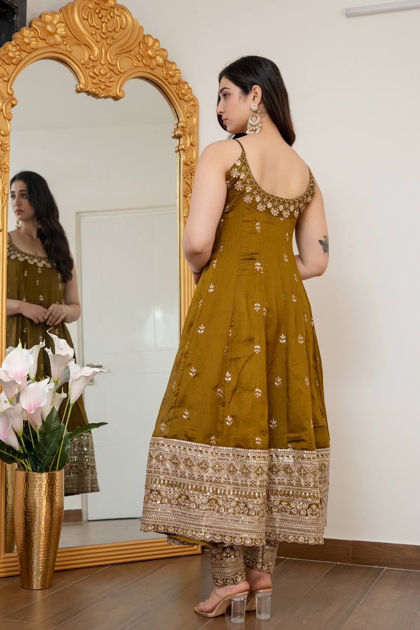 Designer Vichitra Silk Embroidered Anarkali Suit Set with Dupatta