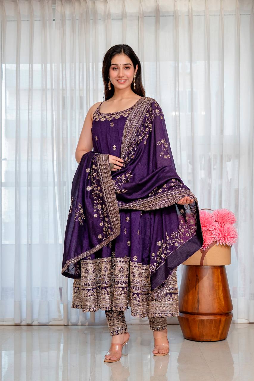 Designer Vichitra Silk Embroidered Anarkali Suit Set with Dupatta