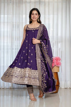 Designer Vichitra Silk Embroidered Anarkali Suit Set with Dupatta