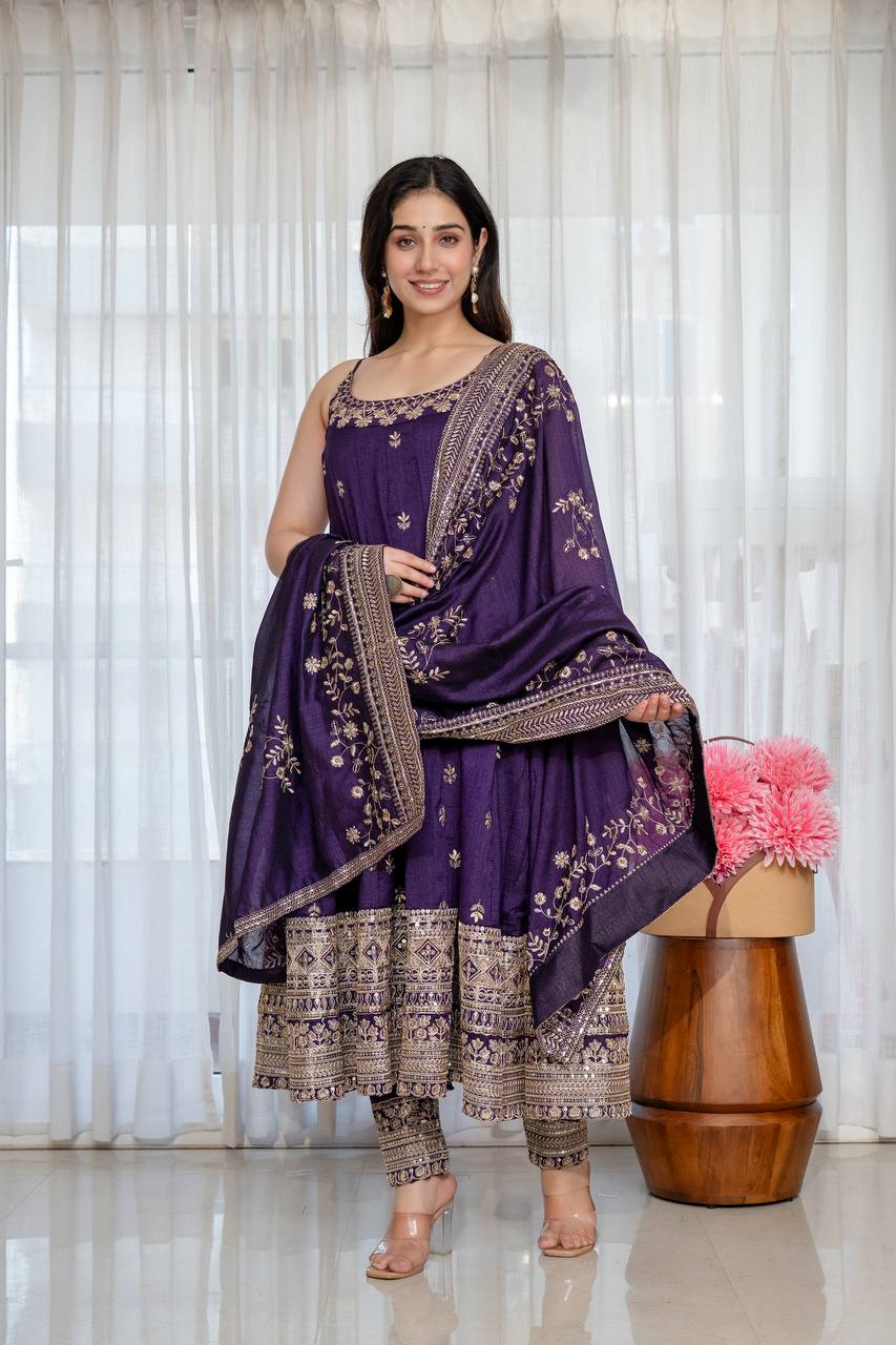 Designer Vichitra Silk Embroidered Anarkali Suit Set with Dupatta