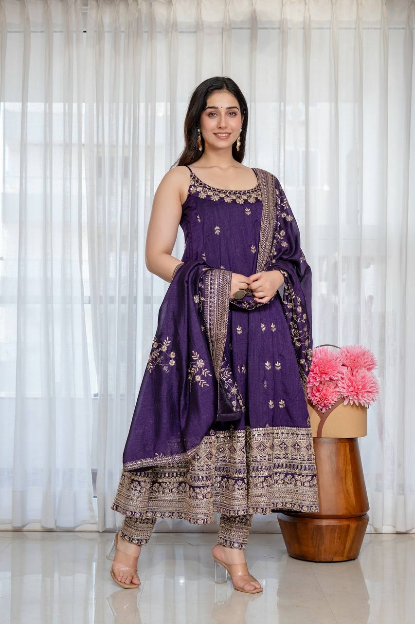 Designer Vichitra Silk Embroidered Anarkali Suit Set with Dupatta