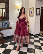 Designer Vichitra Silk Embroidered Anarkali Suit Set with Dupatta