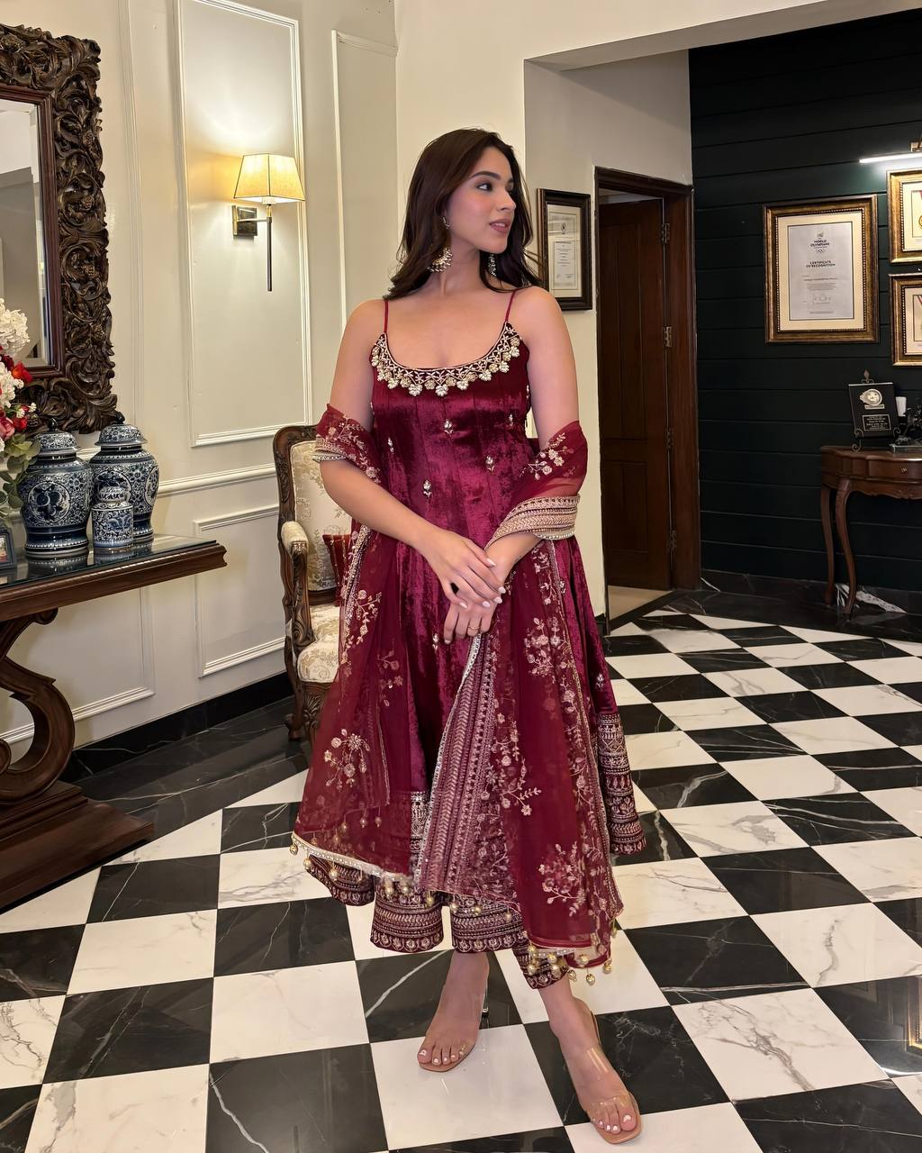 Designer Vichitra Silk Embroidered Anarkali Suit Set with Dupatta