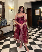 Designer Vichitra Silk Embroidered Anarkali Suit Set with Dupatta