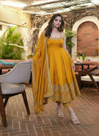 Designer Vichitra Silk Embroidered Anarkali Suit Set with Dupatta