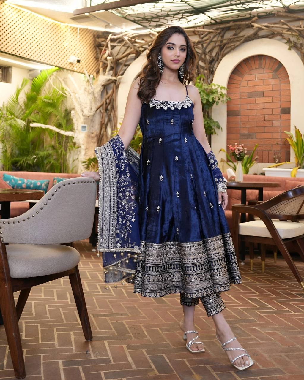 Designer Vichitra Silk Embroidered Anarkali Suit Set with Dupatta