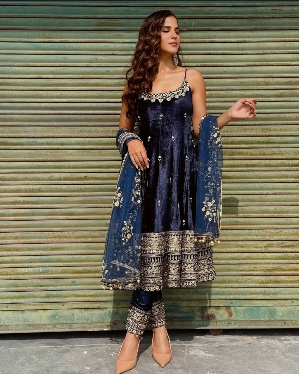 Designer Vichitra Silk Embroidered Anarkali Suit Set with Dupatta