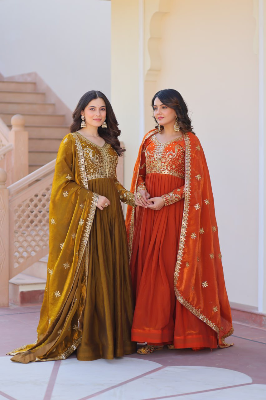 Premium Zari Sequins Embroidered Fendy Gown With Dupatta