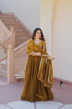 Premium Zari Sequins Embroidered Fendy Gown With Dupatta