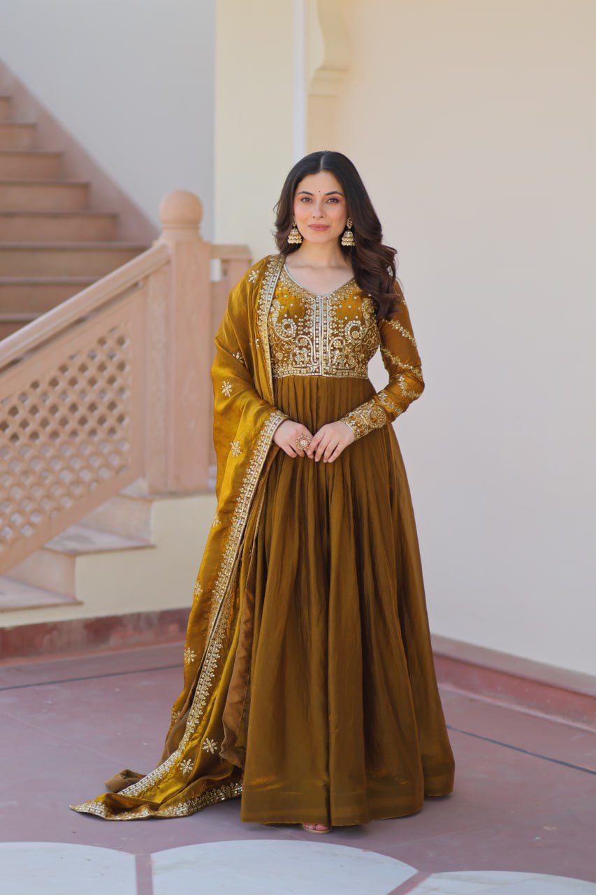 Premium Zari Sequins Embroidered Fendy Gown With Dupatta