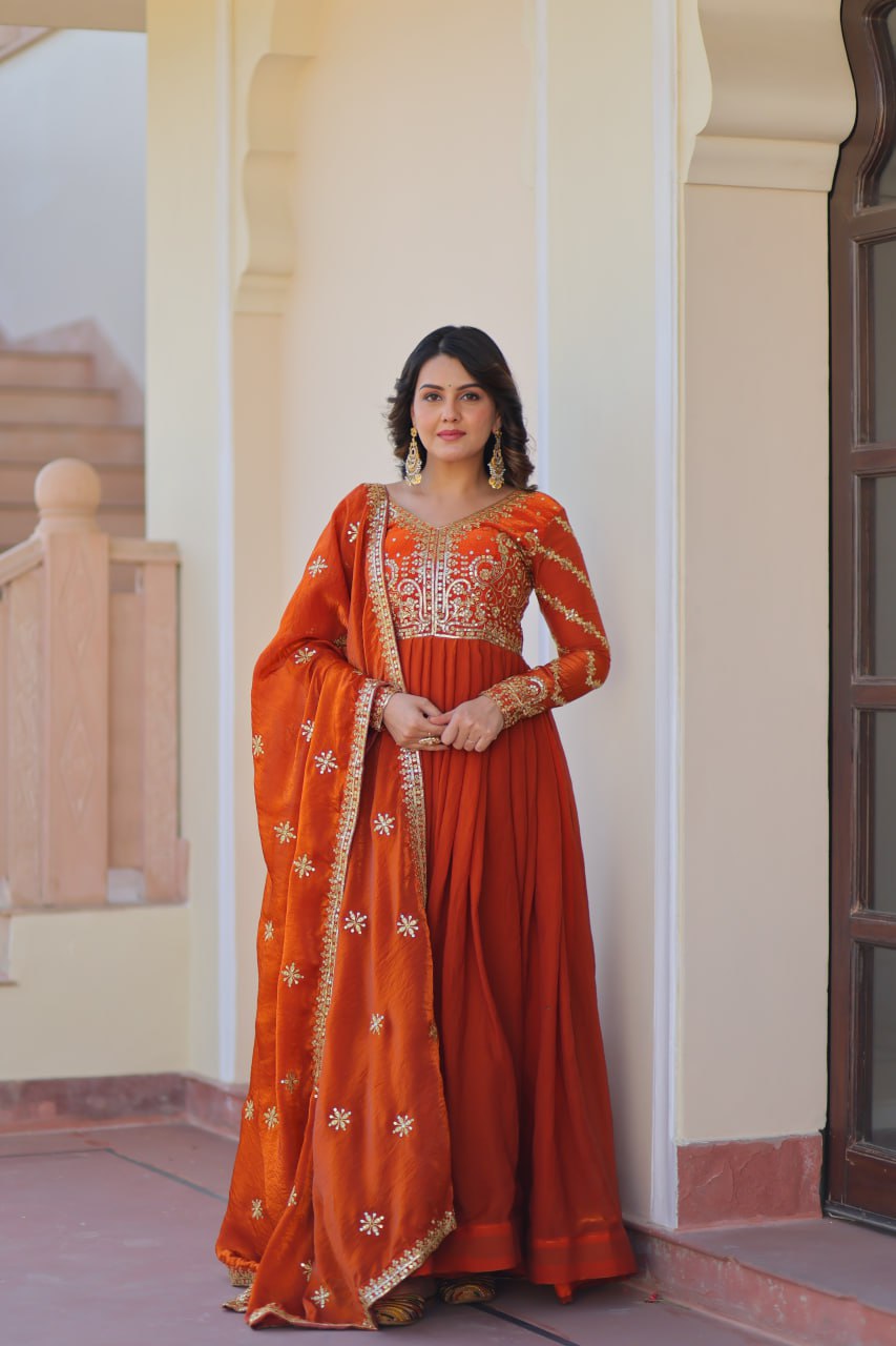 Premium Zari Sequins Embroidered Fendy Gown With Dupatta