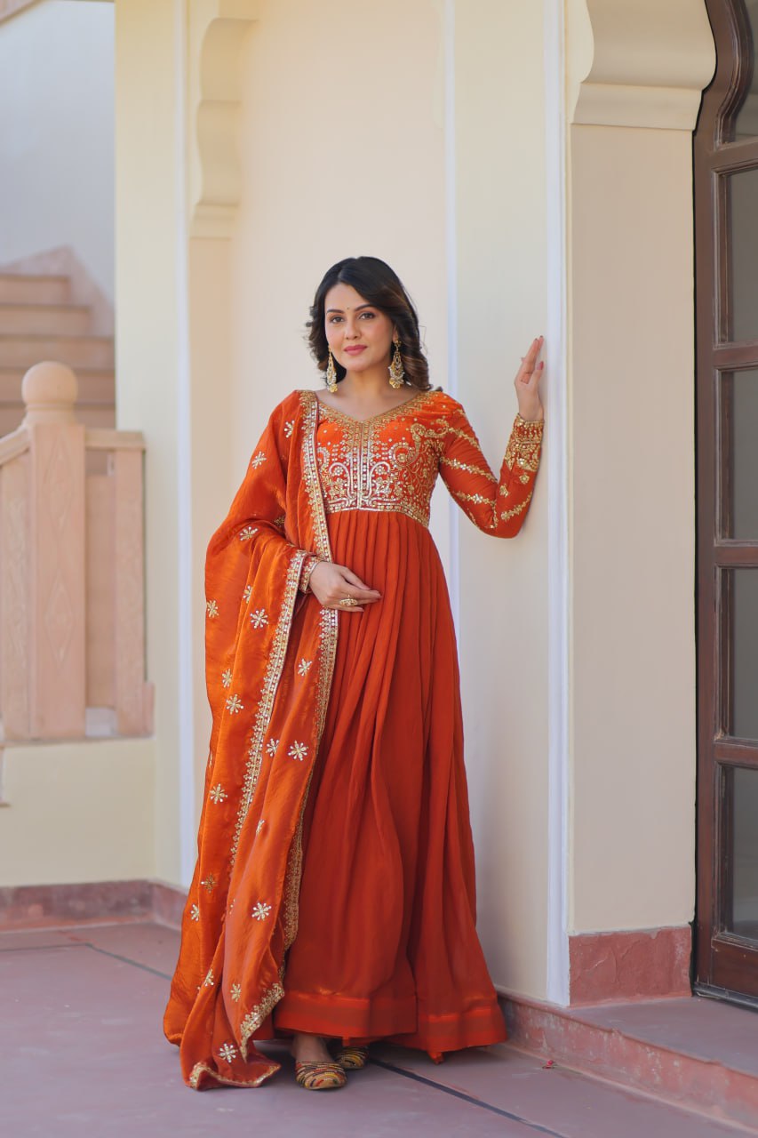Premium Zari Sequins Embroidered Fendy Gown With Dupatta