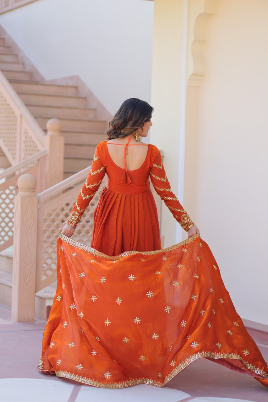 Premium Zari Sequins Embroidered Fendy Gown With Dupatta