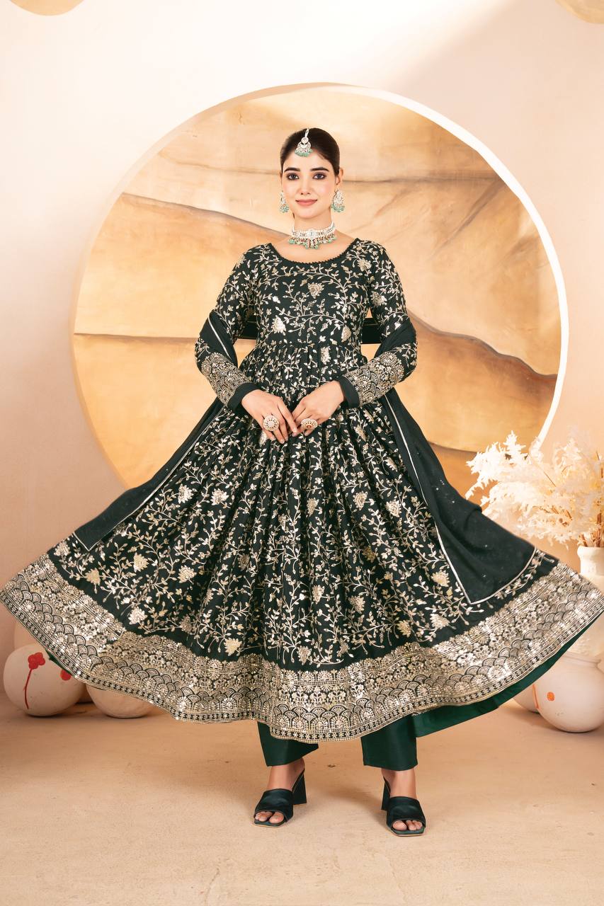 Designer Dark Green Sequins Embroidered Anarkali Suit Set with Dupatta