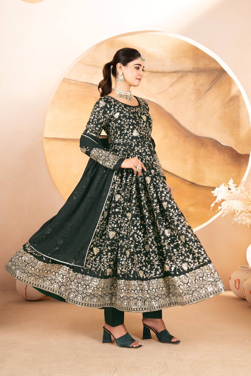 Designer Dark Green Sequins Embroidered Anarkali Suit Set with Dupatta