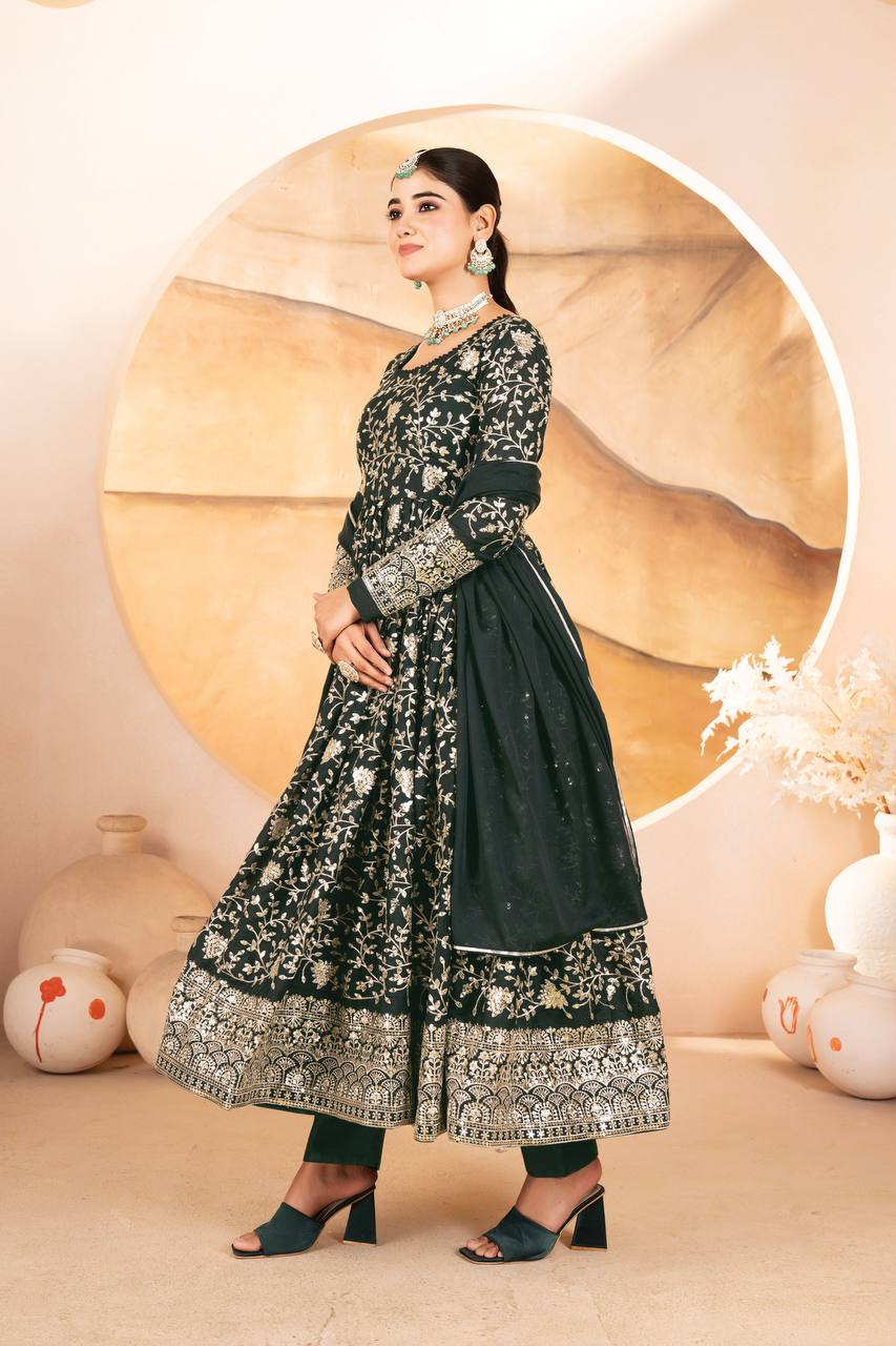 Designer Dark Green Sequins Embroidered Anarkali Suit Set with Dupatta