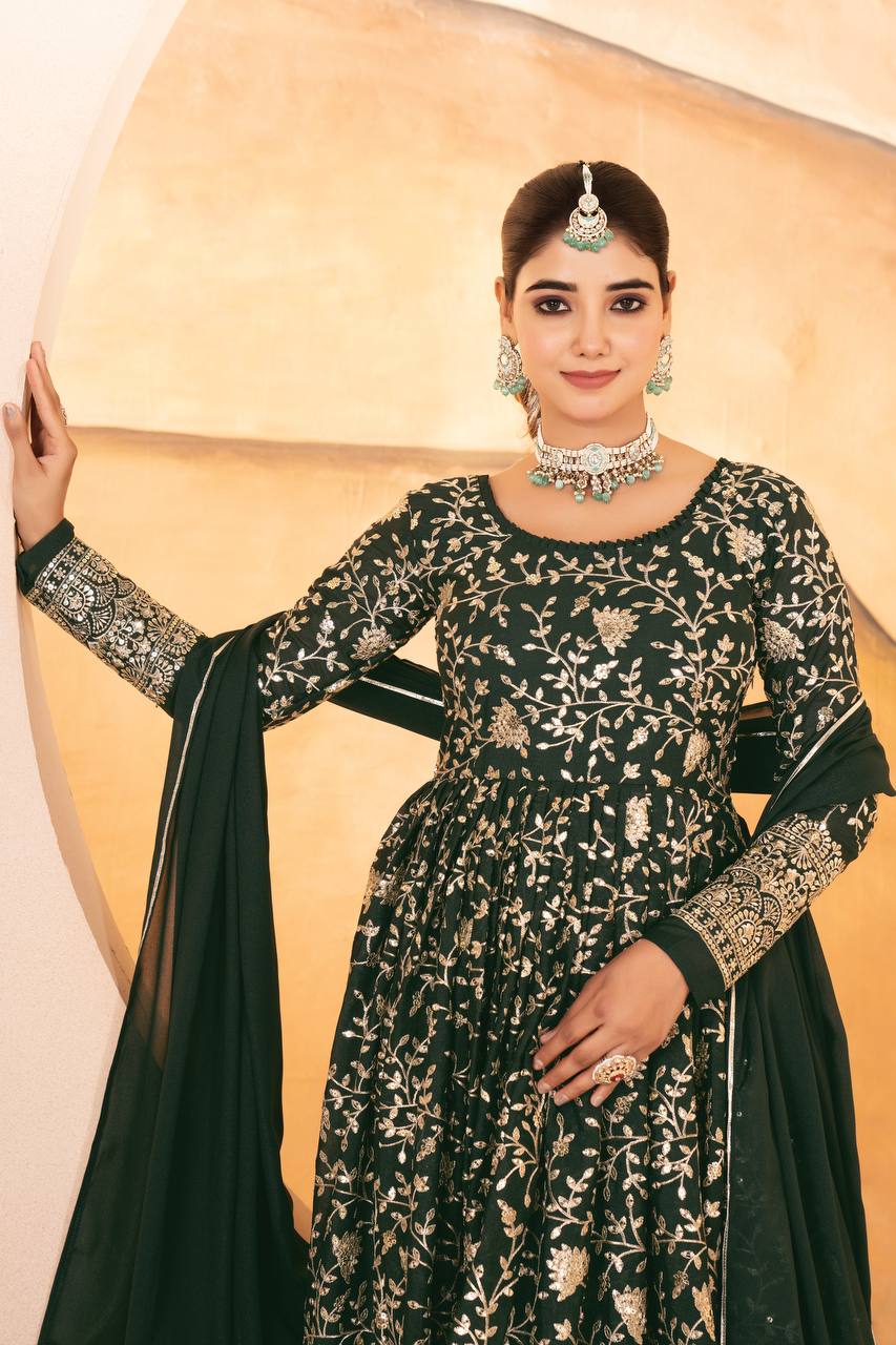Designer Dark Green Sequins Embroidered Anarkali Suit Set with Dupatta