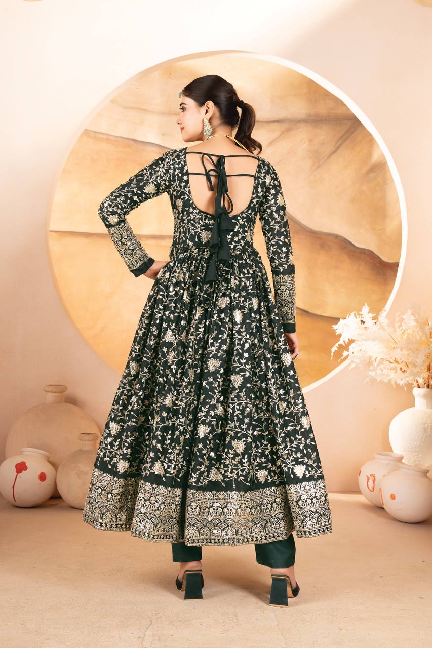 Designer Dark Green Sequins Embroidered Anarkali Suit Set with Dupatta