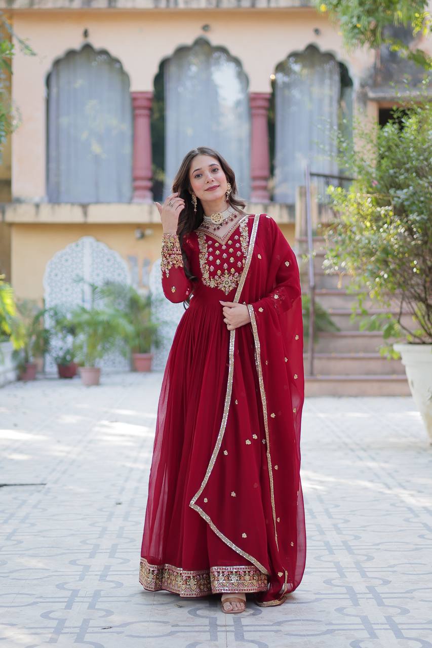 Premium Faux Blooming Georgette Embroidered Gown with Dupatta