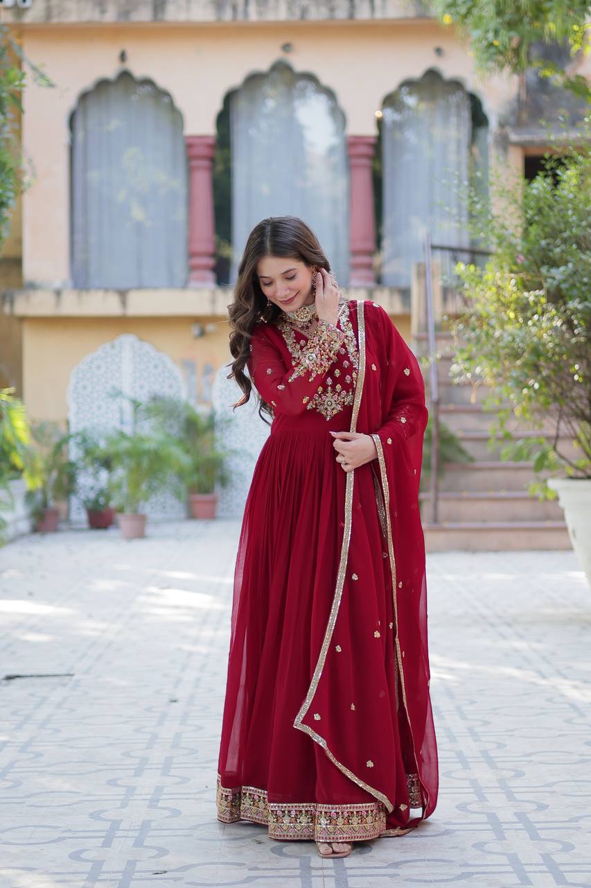 Premium Faux Blooming Georgette Embroidered Gown with Dupatta