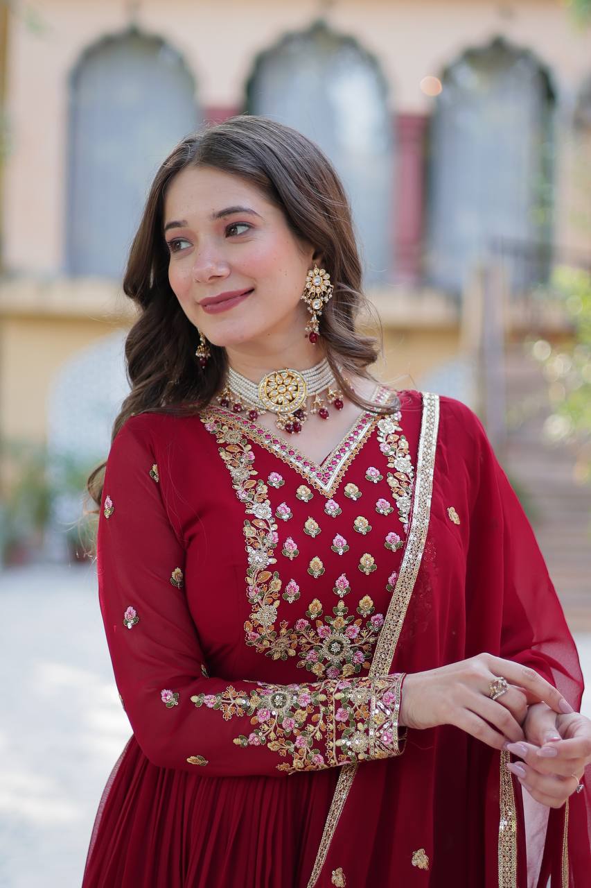 Premium Faux Blooming Georgette Embroidered Gown with Dupatta