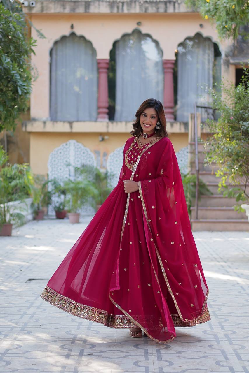 Premium Faux Blooming Georgette Embroidered Gown with Dupatta