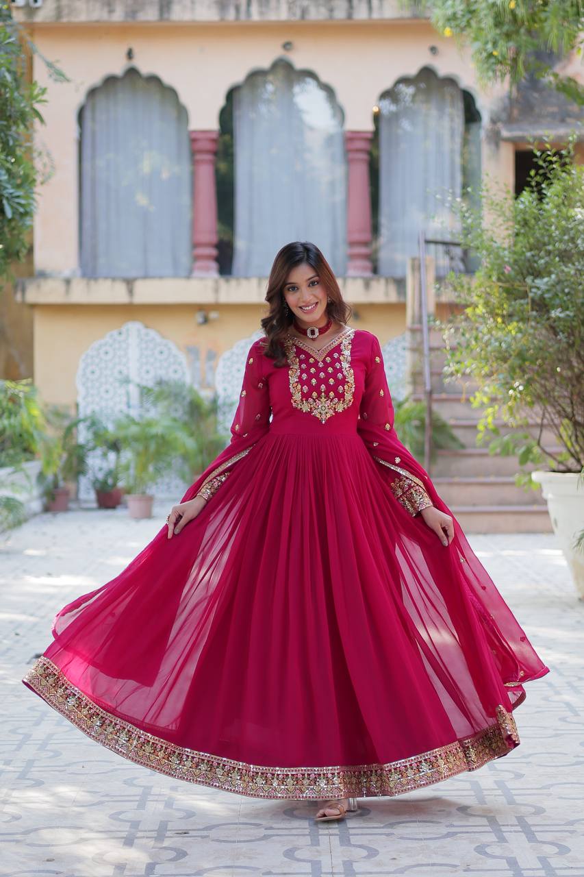 Premium Faux Blooming Georgette Embroidered Gown with Dupatta